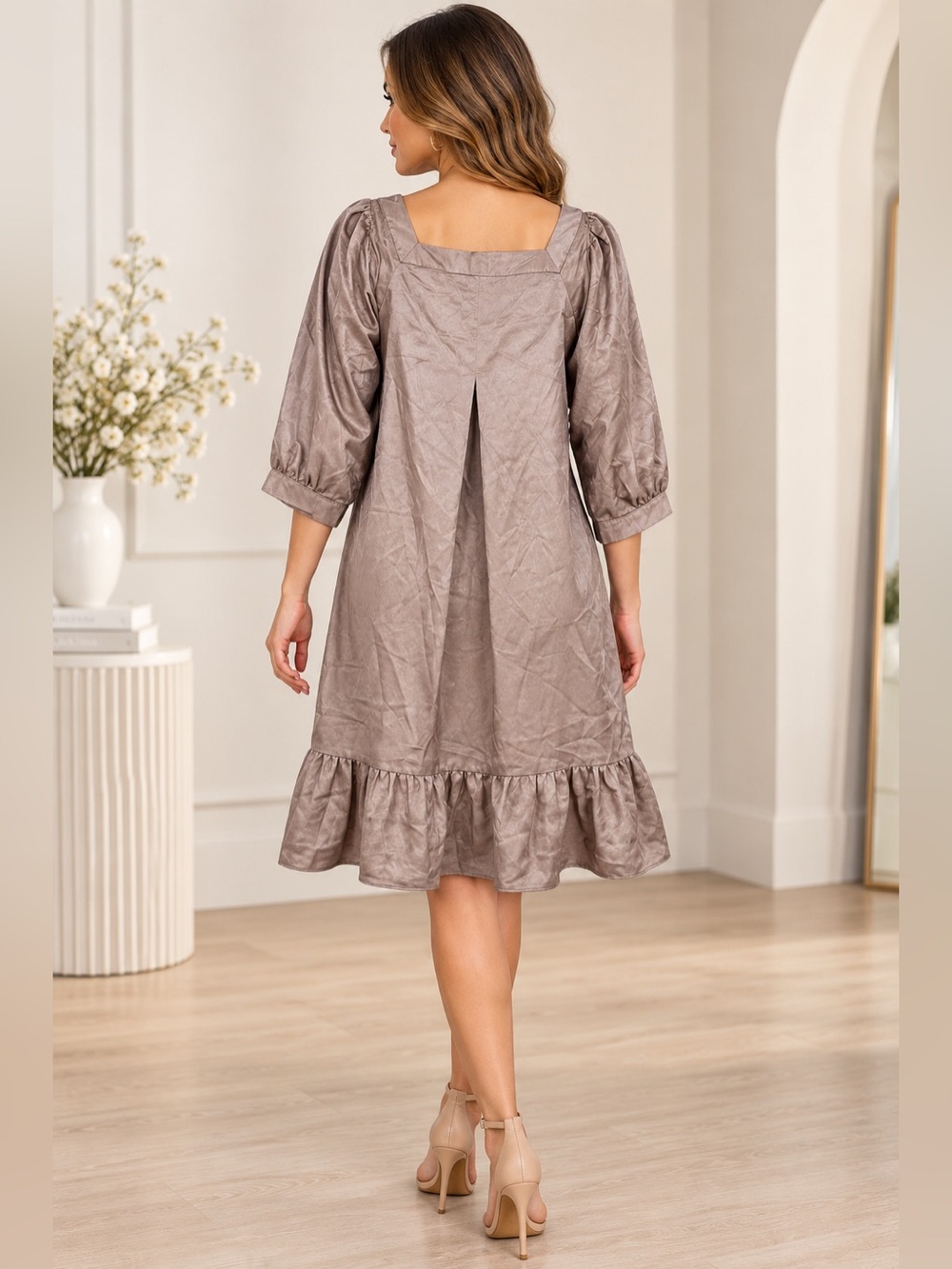 Vertigo Paris Taupe Satin Square Neck Ruffle Hem Dress Size M - Picture 2 of 5